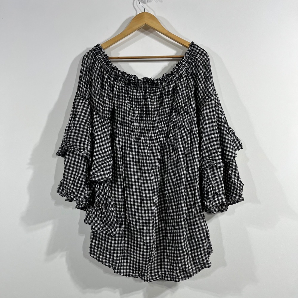 Live4Truth Preppy Old Money Gingham Smocked Cottagecore Top XL Retro Bell Sleeve - Picture 4 of 10